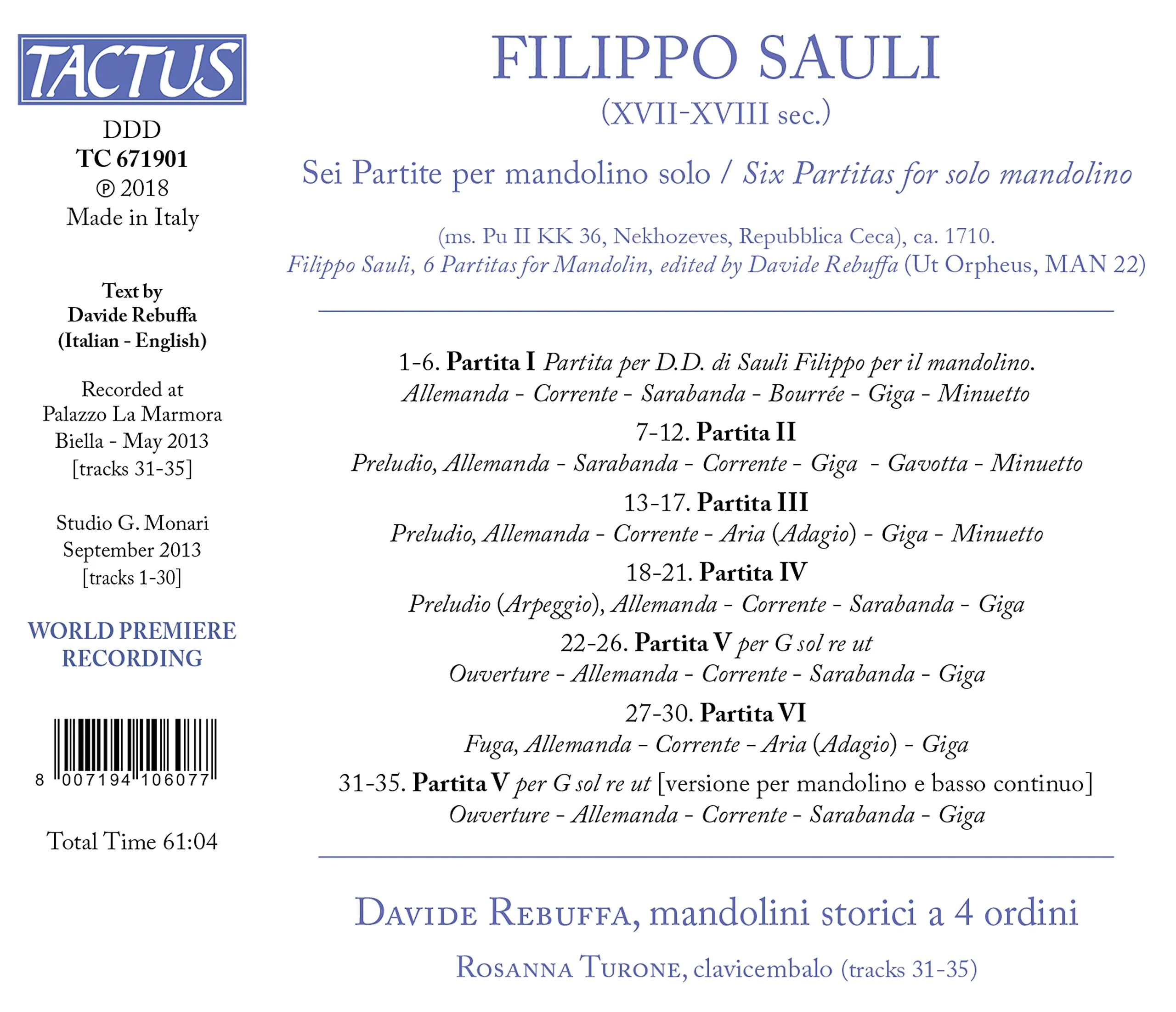 Sauli: Six Partitas for Solo Mandolin / Rebuffa - Image 2