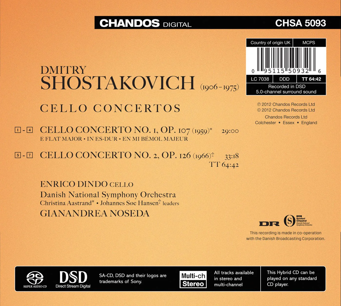 Shostakovich: Cello Concertos 1 & 2 / Dindo, Noseda, Danish National Symphony - Image 2