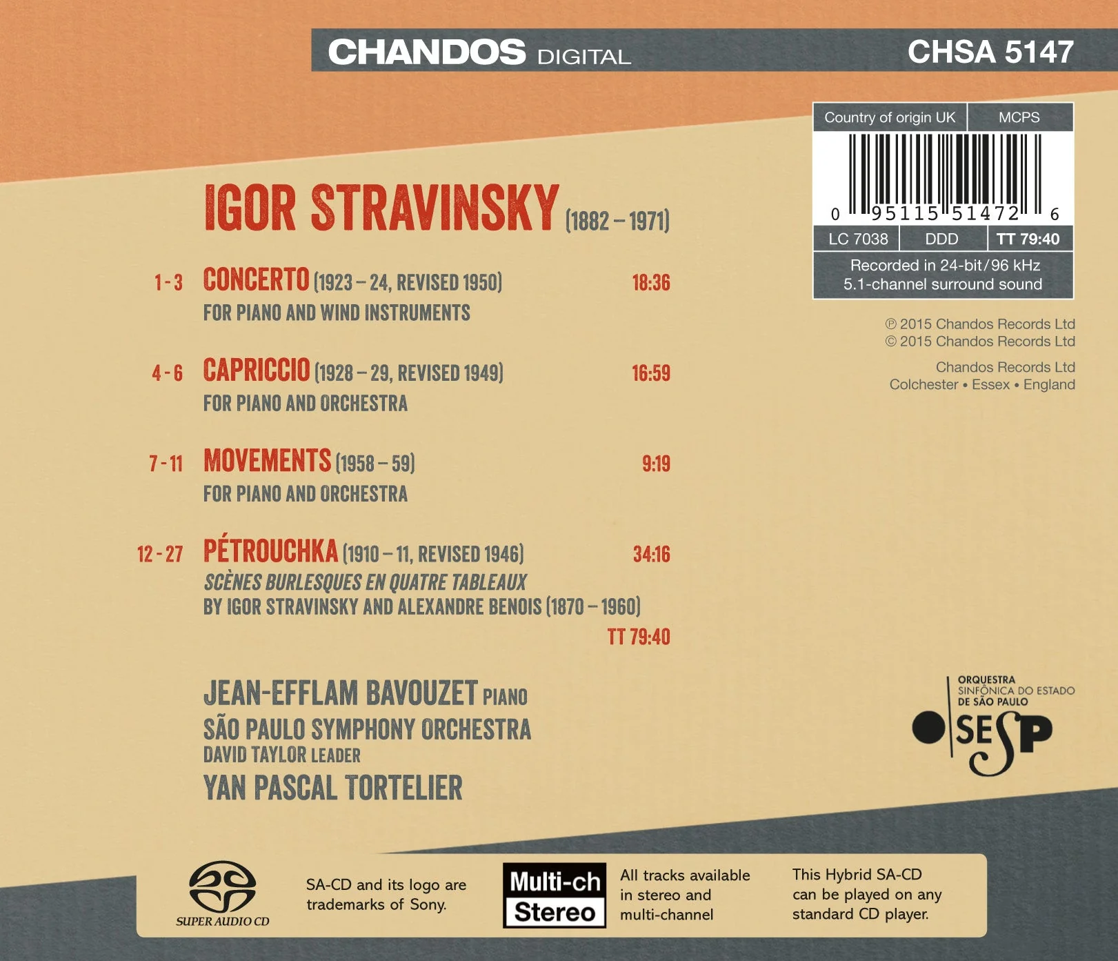 Stravinsky: Works for Piano & Orchestra / Bavouzet, Tortelier, São Paulo SO - Image 2