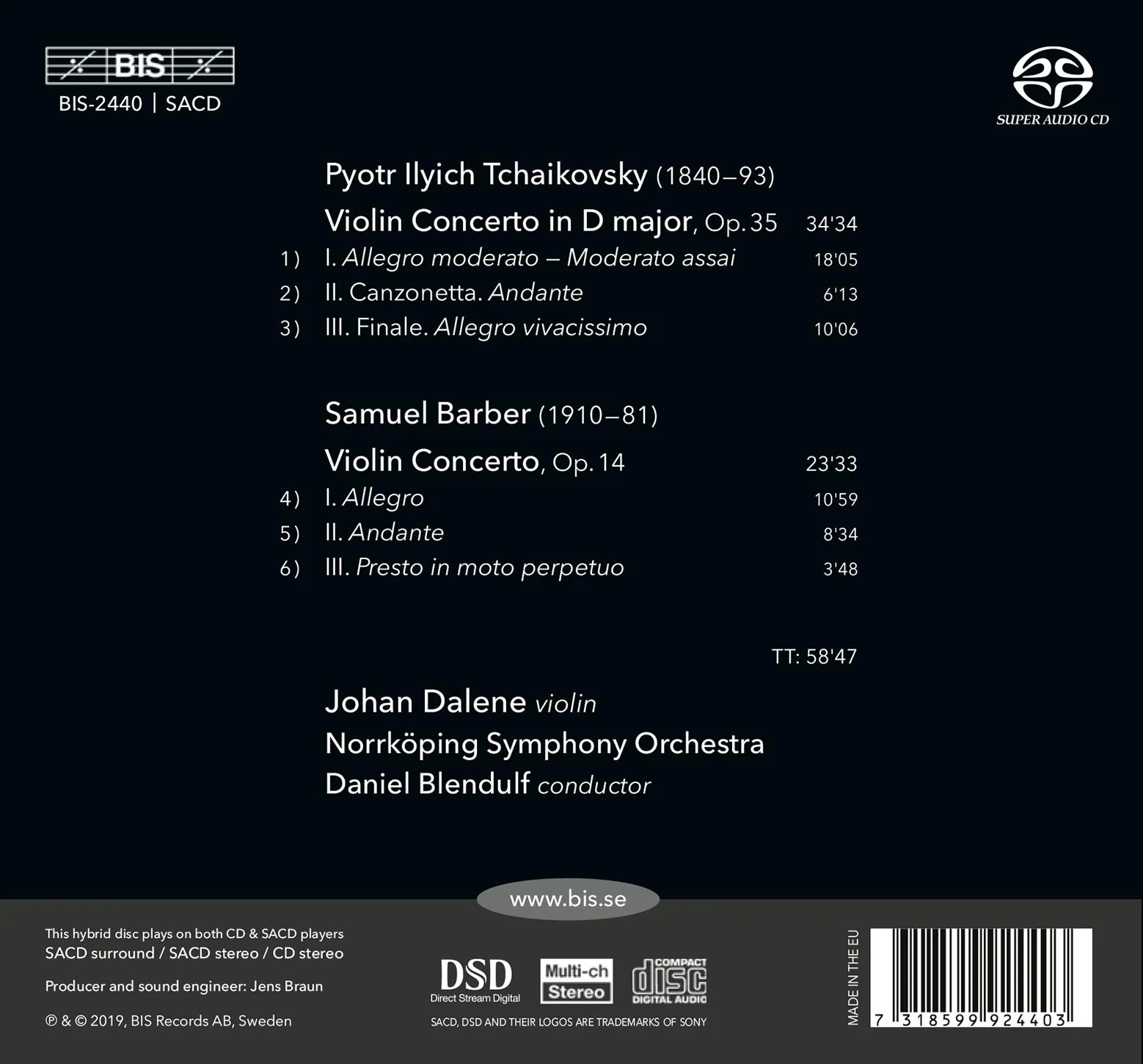 Tchaikovsky & Barber: Violin Concertos / Dalene, Blendulf, Norrkoping Symphony - Image 2