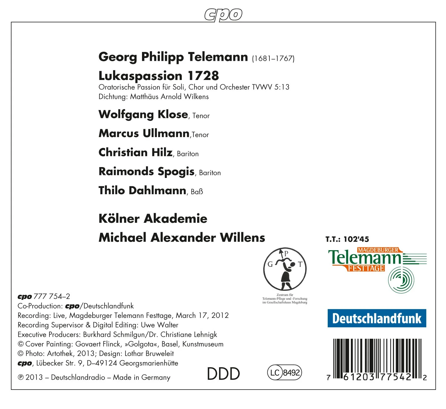 Telemann: Lukas Passion / Willens, Ullmann, Klose, Dahlmann, Spogis - Image 2