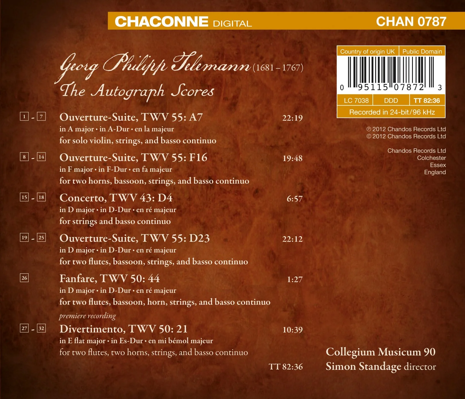Telemann: The Autograph Scores / Standage, Collegium Musicum 90 - Image 2