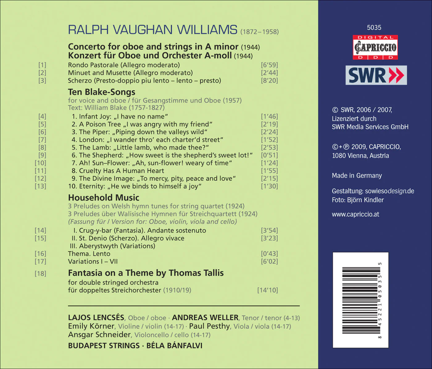 Vaughan Williams: Oboe Concerto, Ten Blake Songs / Lajos Lencses - Image 2
