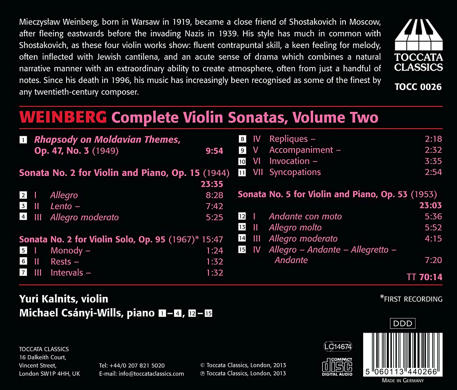 Weinberg: Complete Violin Sonatas Vol 2 / Kalnits, Csanyi-Wills - Image 2