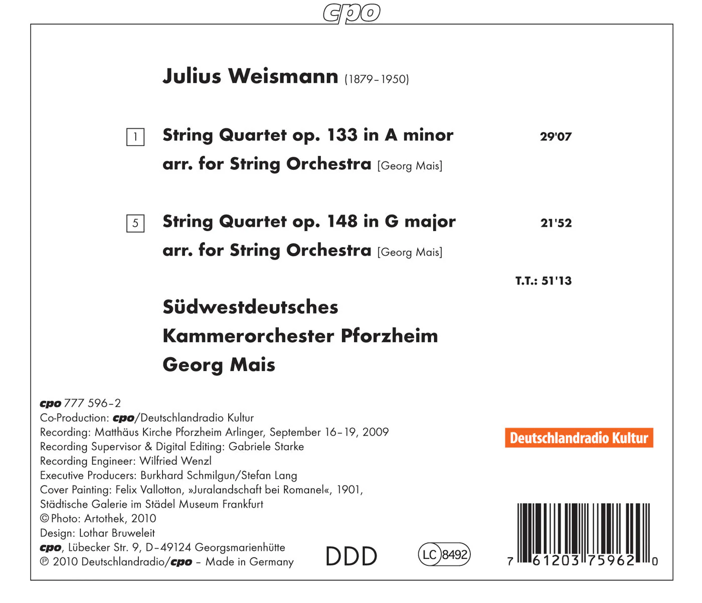 Weismann: String Quartets (for String Orchestra) / Mais, Sudwestdeutsches Kammerorchester Pforzheim - Image 2